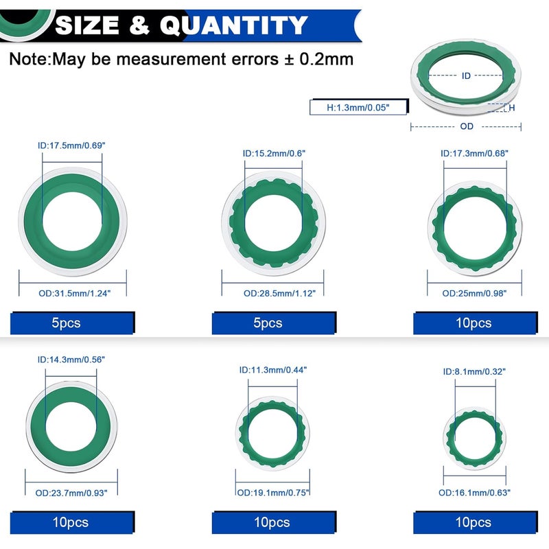 Daptemn 50PCS A/C Compressor Bonded Seal Washers Assortment Kit, 6 Sizes Air Conditioning Compressor Port Gasket Repairs Universal Automotive Self-Centered Washers (ID: 8mm-17.5mm) (Green) - Image 2